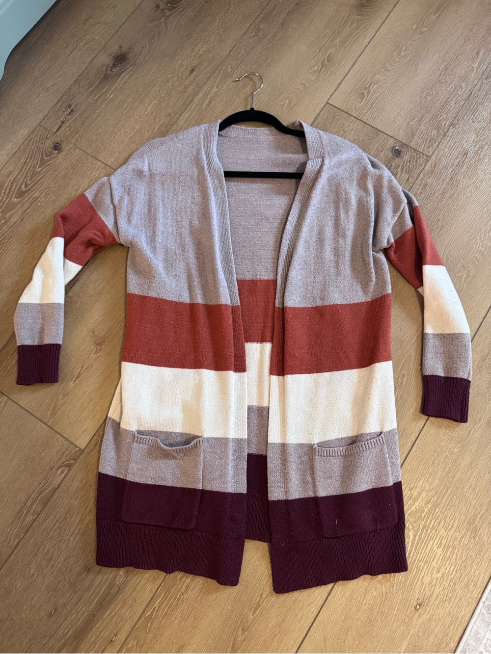 Color Block Open-Front Long Cardigan Sweater in Rust, Cream & maroon